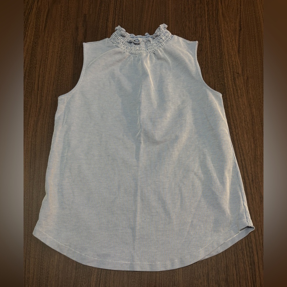 Ann Taylor Stretchy Ruffle Neck Sleeveless Blouse Blue n White Pinstripe Size S